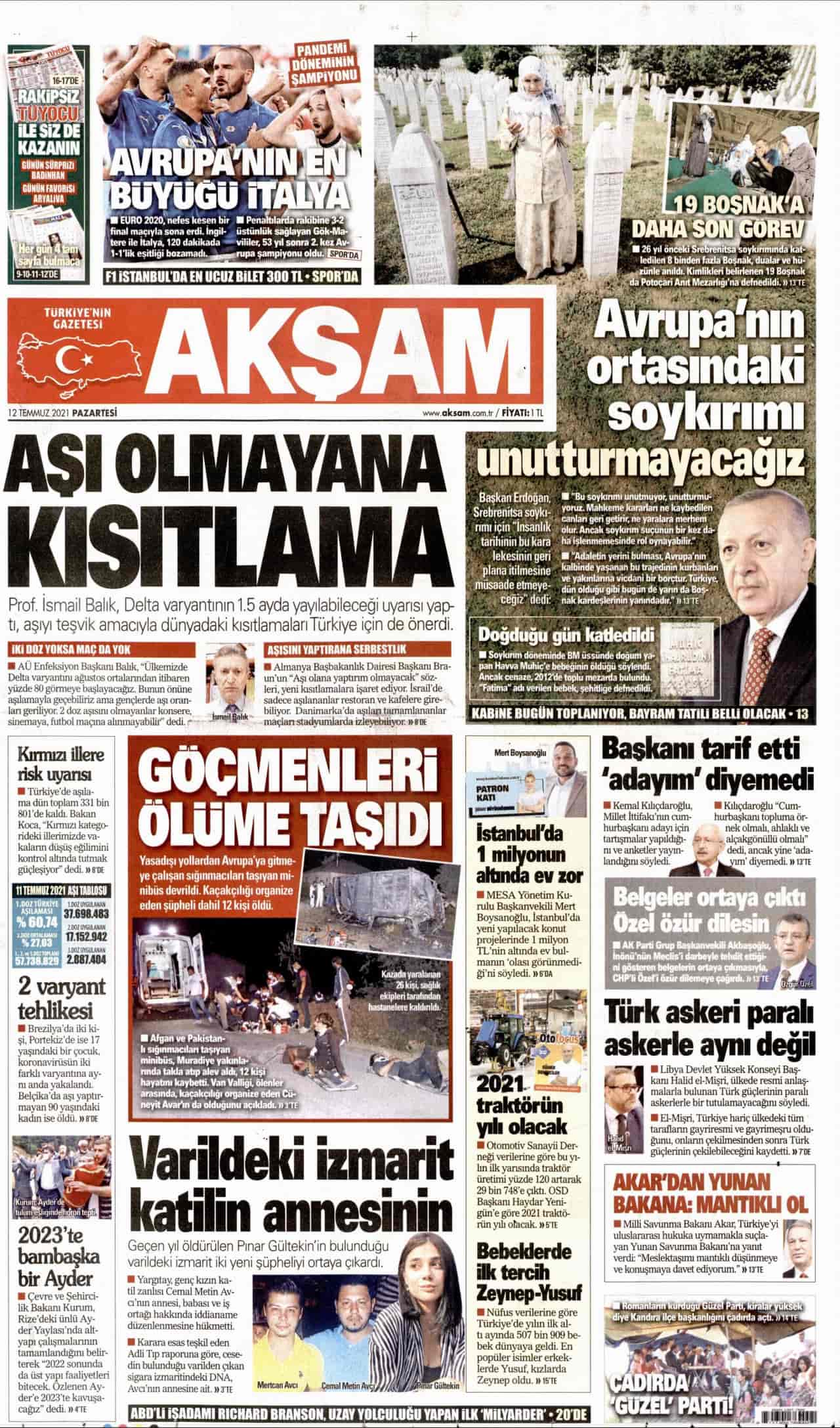 12 Temmuz 2021 gazete başlıkları