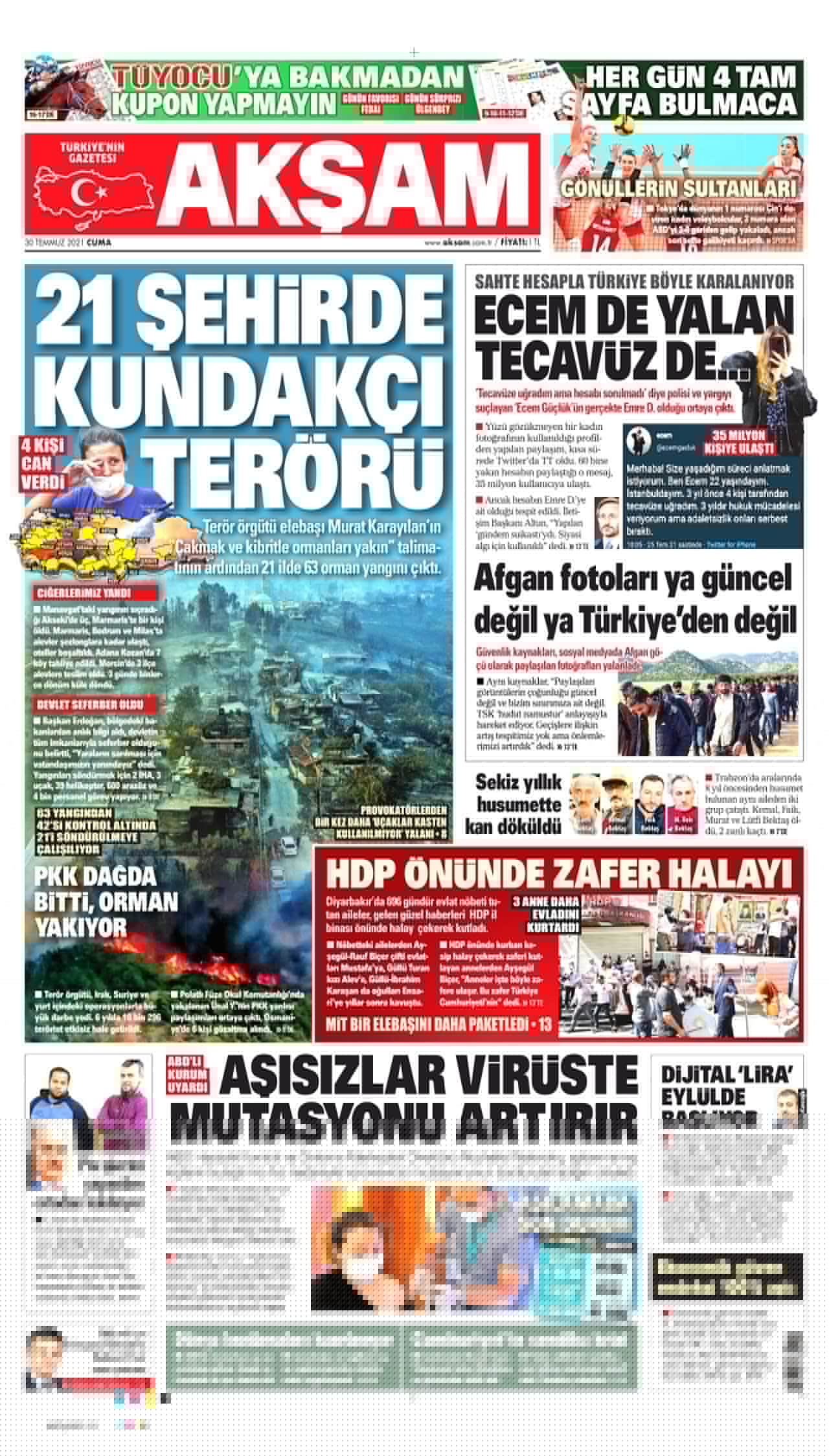 30.7.2021 Günün gazete manşetleri